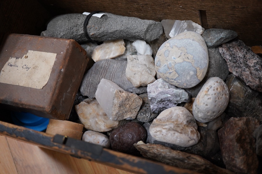 A collection of mineral samples, many with labels, together with two pocket reference books, part of the collection contained within an ebonised pine box; 32 x 18.5 x 19.5cm